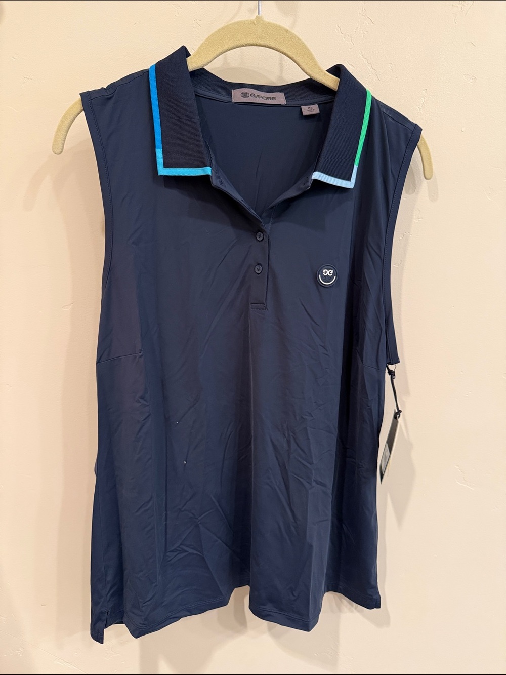 G/FORE Navy Sleeveless Polo with Teal and Light Blue Trim